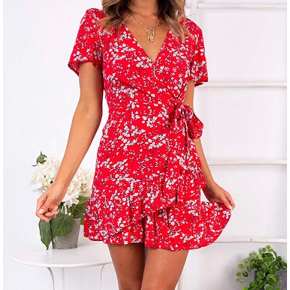 Red floral Wraparound dress - never worn